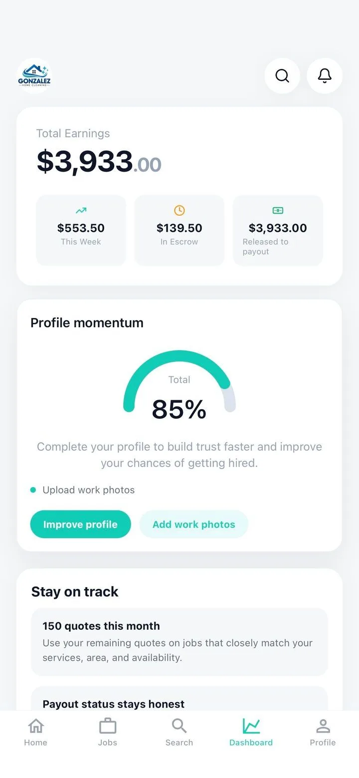 A pro's dashboard in the Skiltap app with jobs, quotes and earnings
