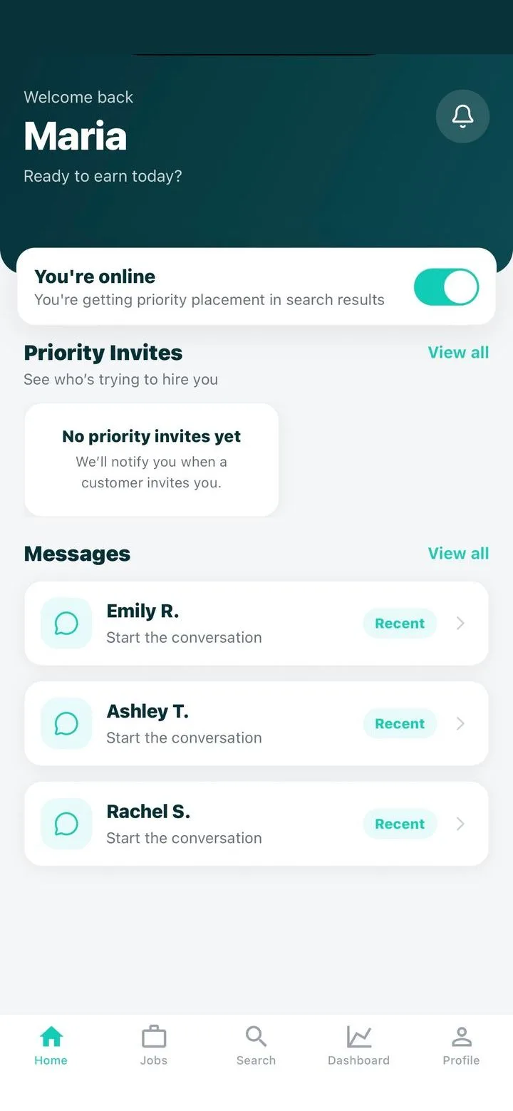 A pro's home screen in the Skiltap app with the online toggle and messages