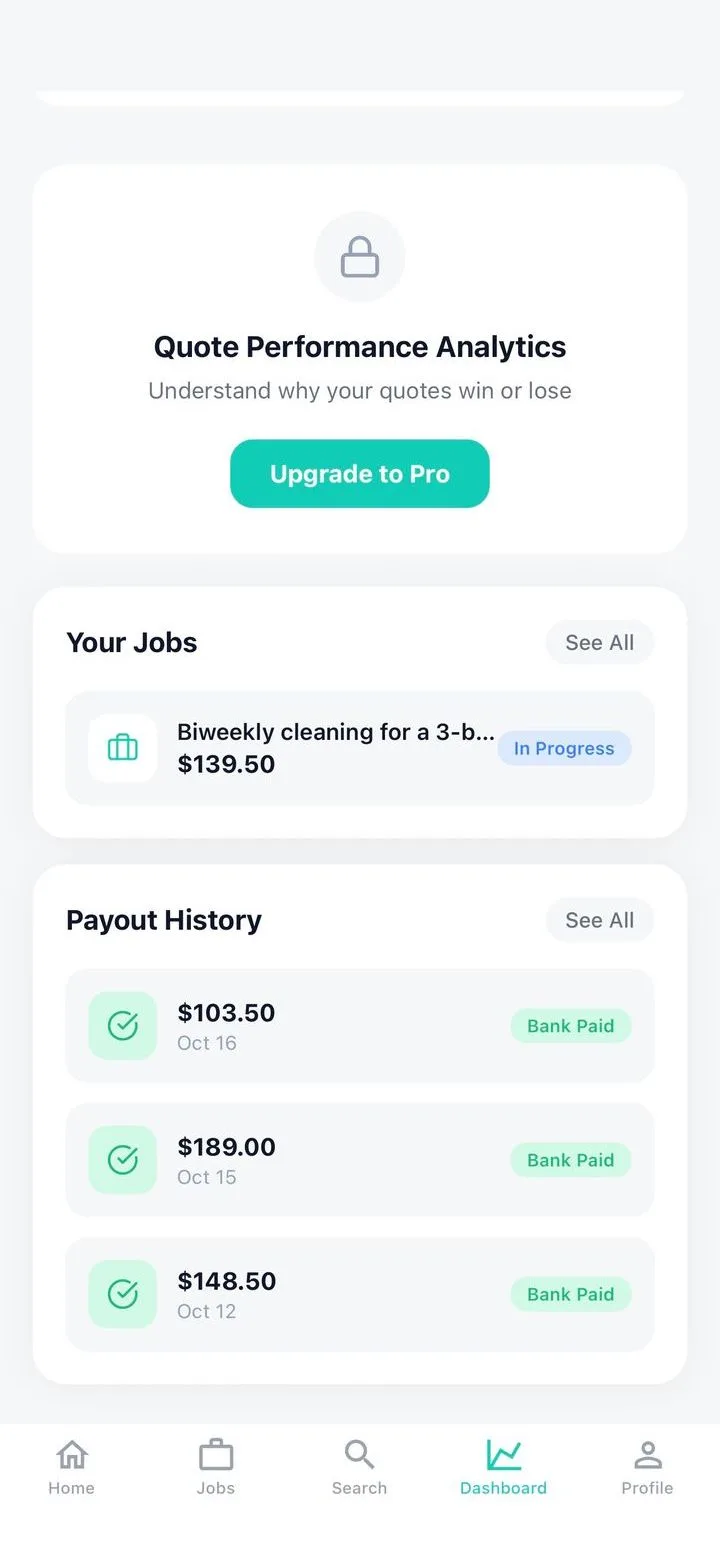 Jobs in progress and payout history in the Skiltap app